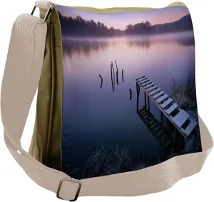 Lunarable Seascape Messenger Bag, Misty Lake Pier Forest, Unisex Cross-body