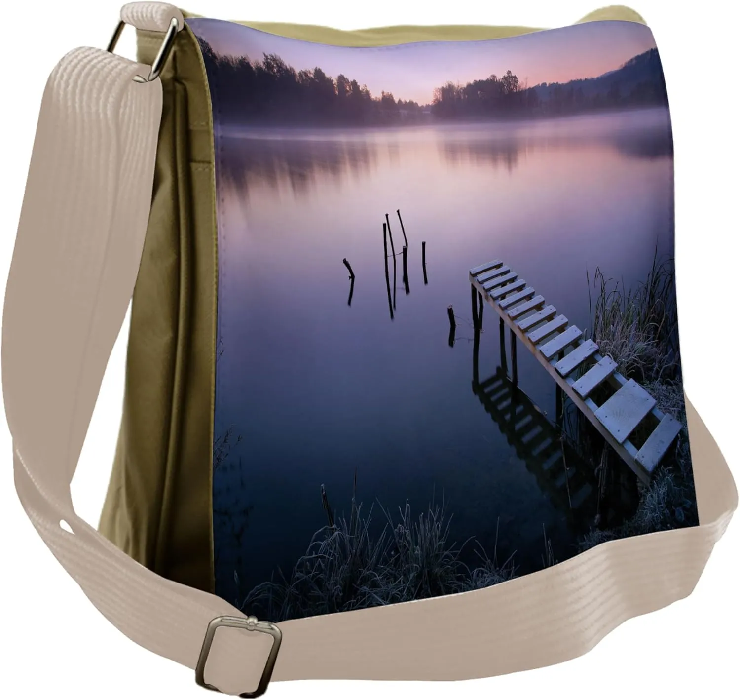 Lunarable Seascape Messenger Bag, Misty Lake Pier Forest, Unisex Cross-body
