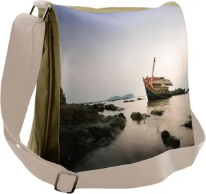 Lunarable Shipwreck Messenger Bag, Old Timber Boat by Rocks, Unisex Cross-body