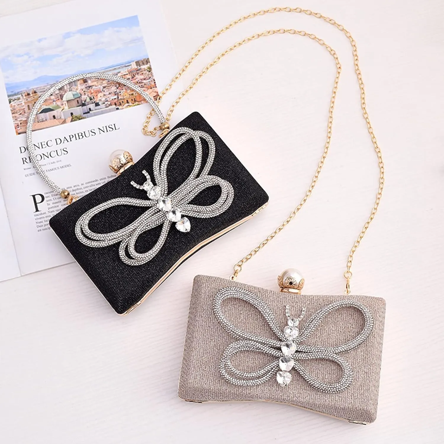 LUOZZY Butterfly Clutch Rhinestone Purse Sparkly Evening Bag with Pearl Clasp Clutch Purse for Women Formal Event Prom Party