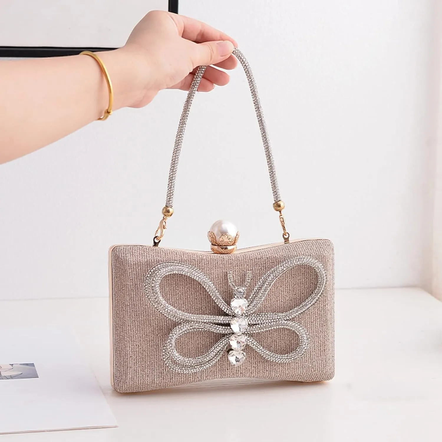 LUOZZY Butterfly Clutch Rhinestone Purse Sparkly Evening Bag with Pearl Clasp Clutch Purse for Women Formal Event Prom Party