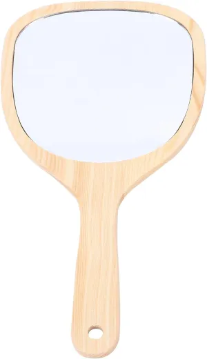 Lurrose Wooden Handheld Mirror with Handle Wood Frame Portable Makeup Wall Mounted with Hook Hole Bathroom Mirror for Makeup Home Salon Travel Use