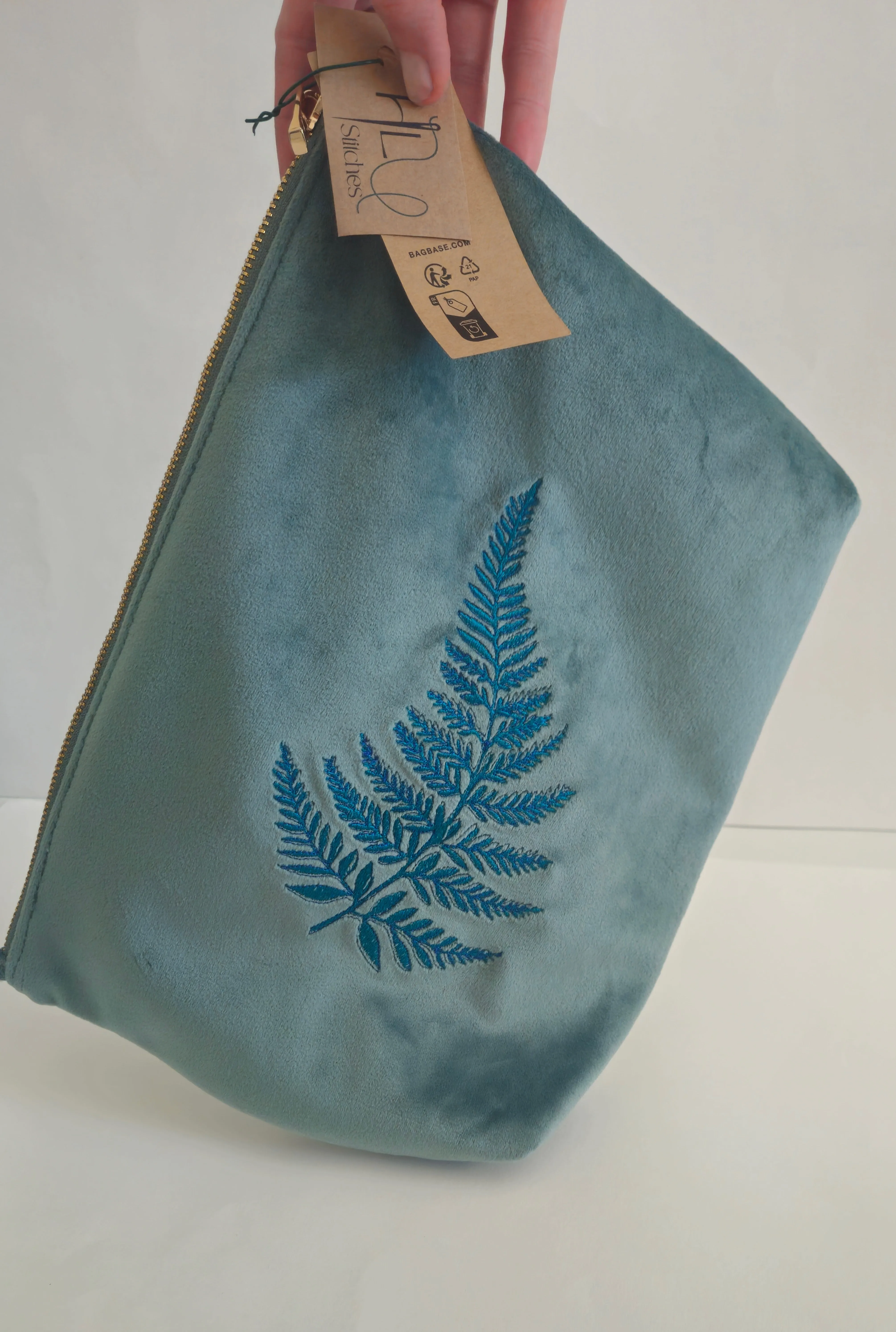 Luxurious Velvet Pouch with Fern Embroidery – Sustainable Gift or Travel Accessory in sage green/blue (Two Sizes)