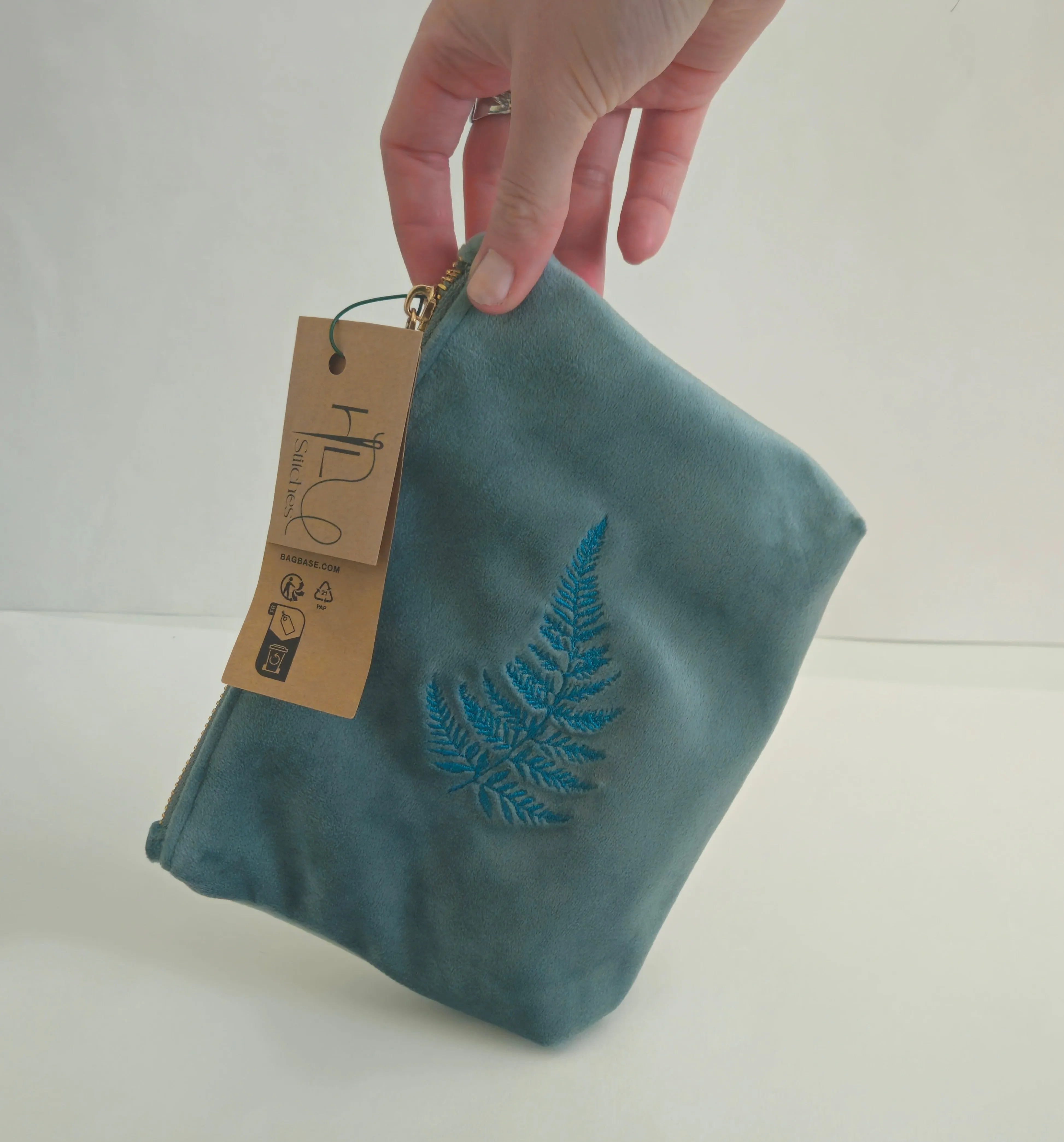 Luxurious Velvet Pouch with Fern Embroidery – Sustainable Gift or Travel Accessory in sage green/blue (Two Sizes)