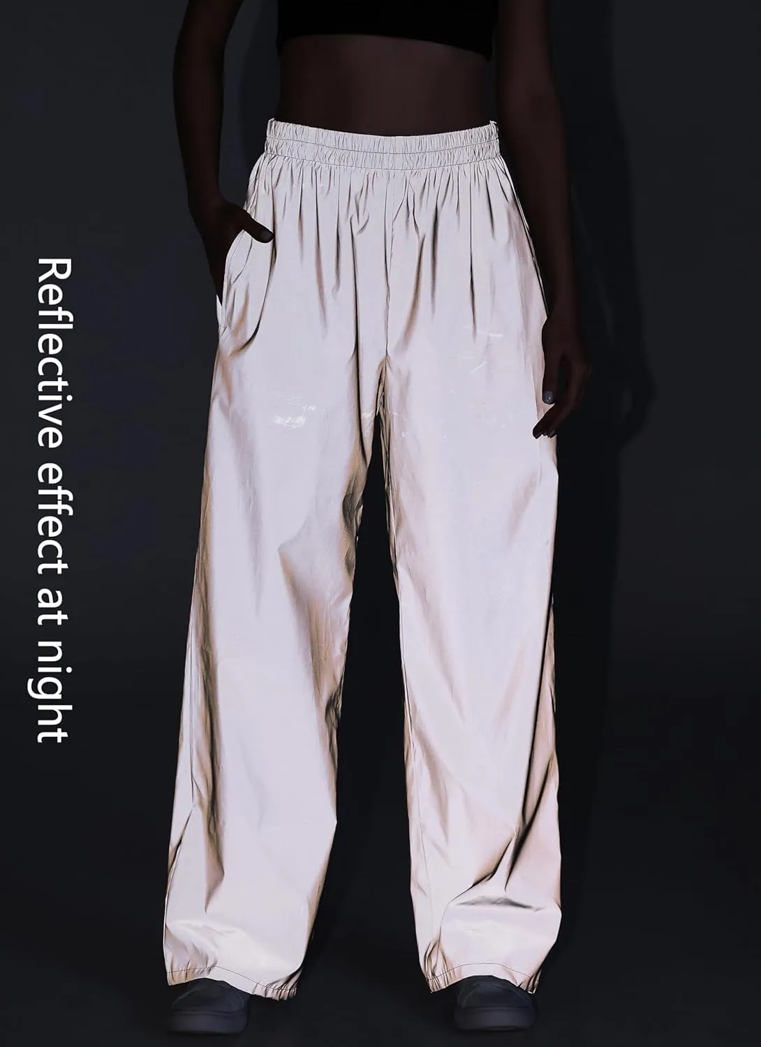 LZLRUN Women Reflective Hip Hop Rave Trousers Wide Leg Pants Retro Straight Leg Pants Streetwear