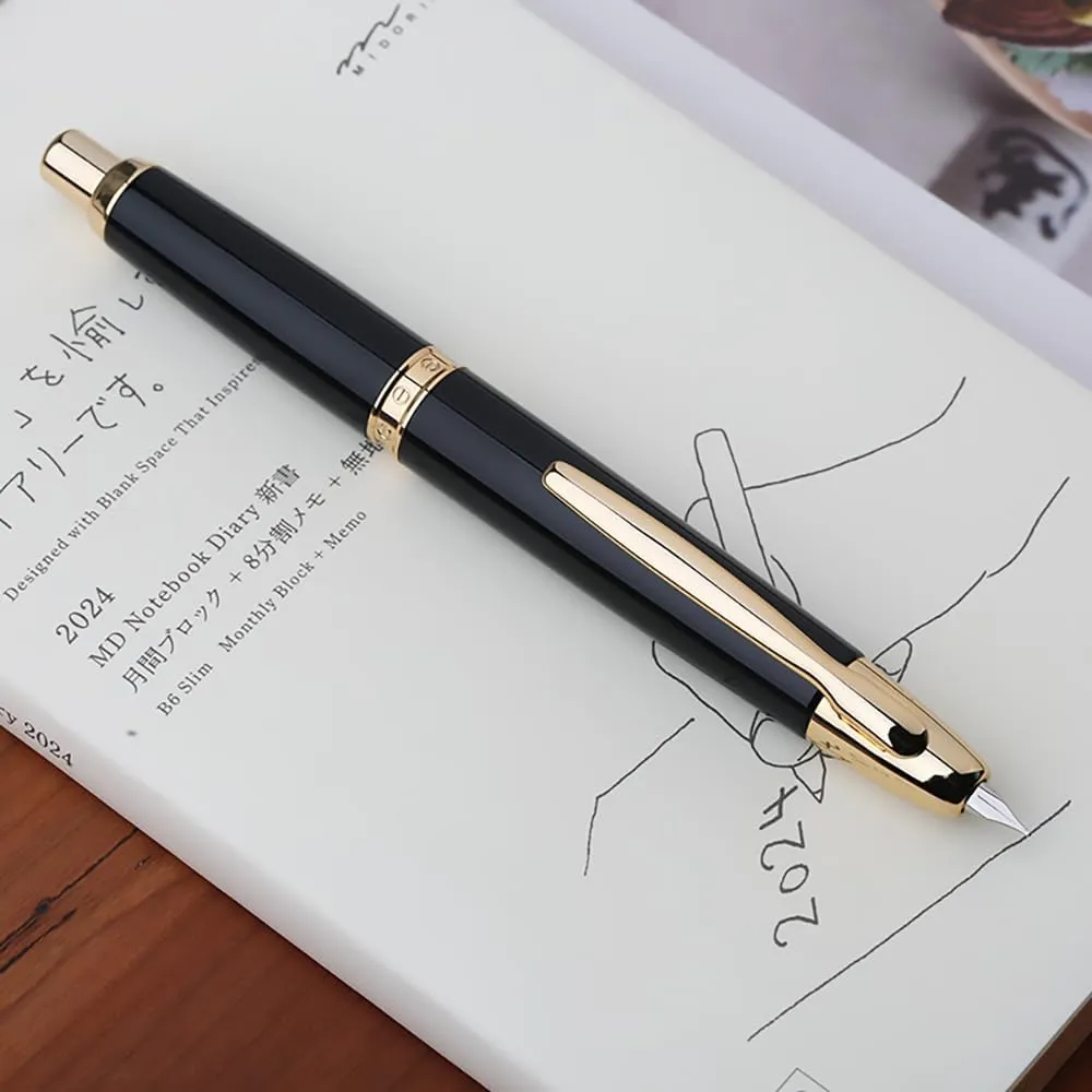 Majohn A1 Press Fountain Pen Fine Nib with Box, Retractable Black Metal Ink Pen with Converter Writing Set (Golden Clip Version)
