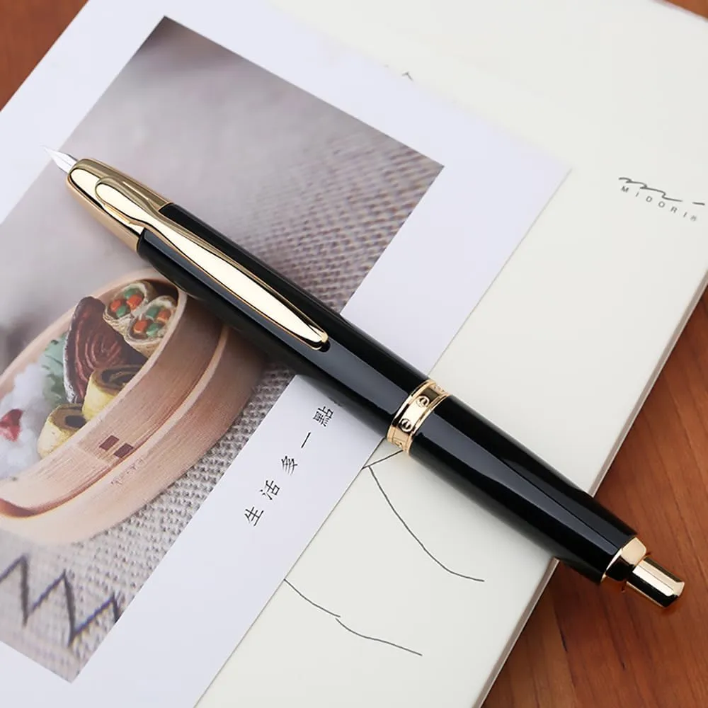 Majohn A1 Press Fountain Pen Fine Nib with Box, Retractable Black Metal Ink Pen with Converter Writing Set (Golden Clip Version)