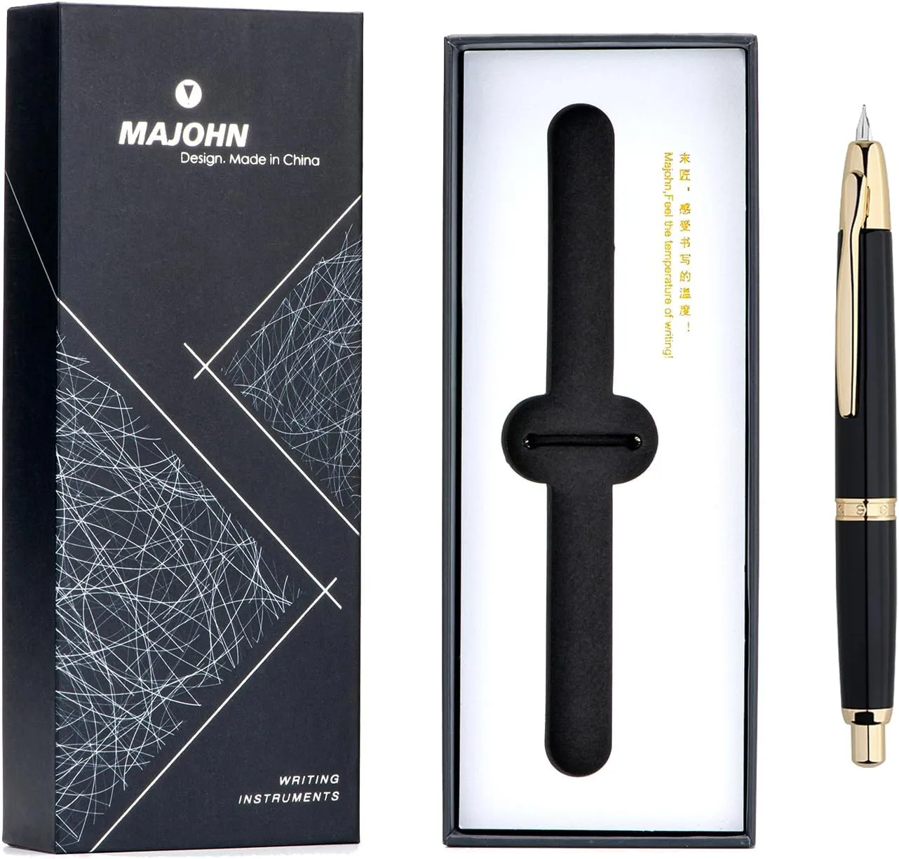 Majohn A1 Press Fountain Pen Fine Nib with Box, Retractable Black Metal Ink Pen with Converter Writing Set (Golden Clip Version)