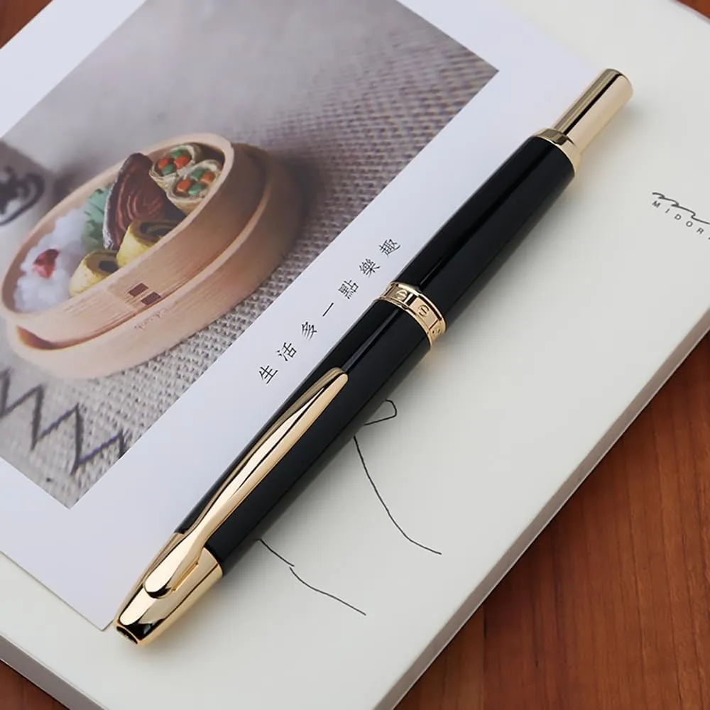 Majohn A1 Press Fountain Pen Fine Nib with Box, Retractable Black Metal Ink Pen with Converter Writing Set (Golden Clip Version)