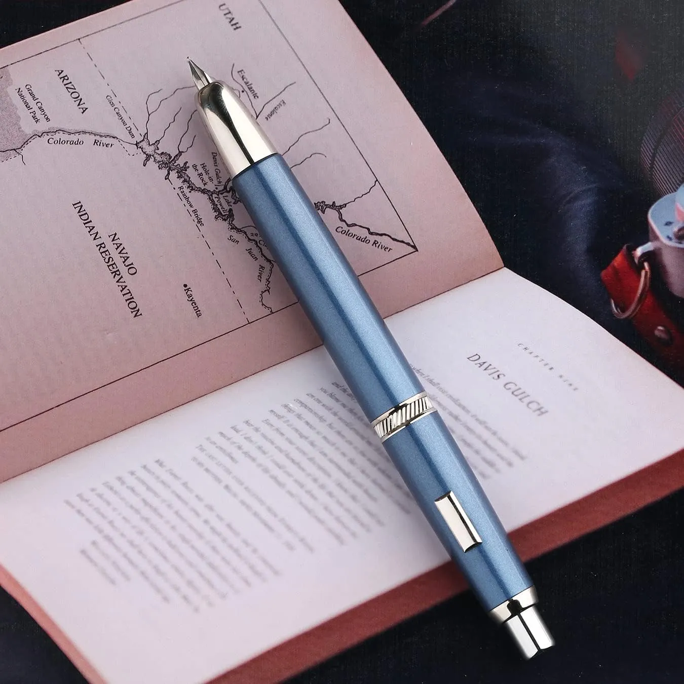 Majohn A1 Press Fountain Pen, Retractable Extra Fine Nib Metal Blue Ink Pen with Box for Writing Set (No Clip Version)