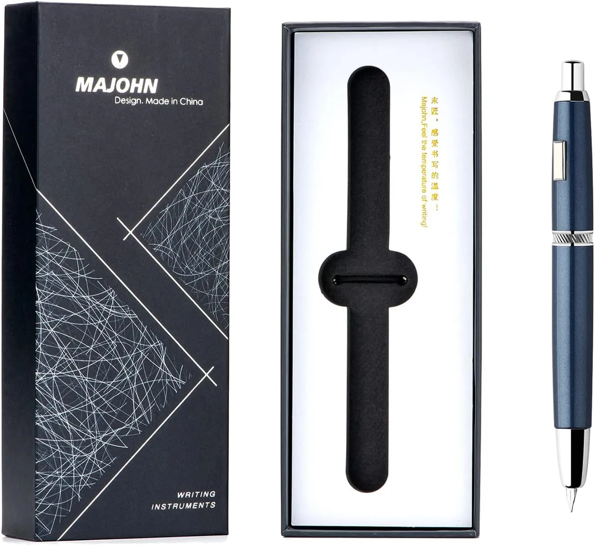 Majohn A1 Press Fountain Pen, Retractable Extra Fine Nib Metal Blue Ink Pen with Box for Writing Set (No Clip Version)