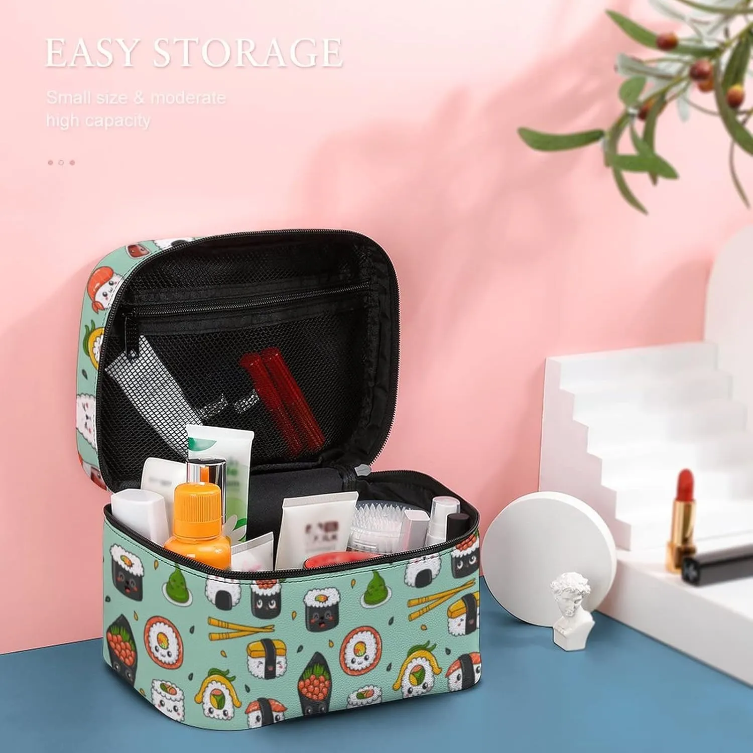 Makeup Bag Cosmetic Case Organizer, Kawaii Sushi Cartoon Green Makeup Bag Portable Synthetic Leather Makeup Travel Case Pouch Toiletry Bag with Handle for Women Girls