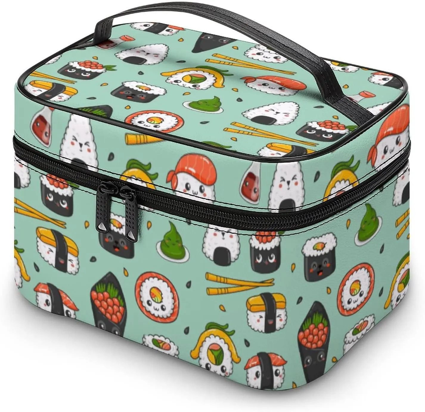 Makeup Bag Cosmetic Case Organizer, Kawaii Sushi Cartoon Green Makeup Bag Portable Synthetic Leather Makeup Travel Case Pouch Toiletry Bag with Handle for Women Girls