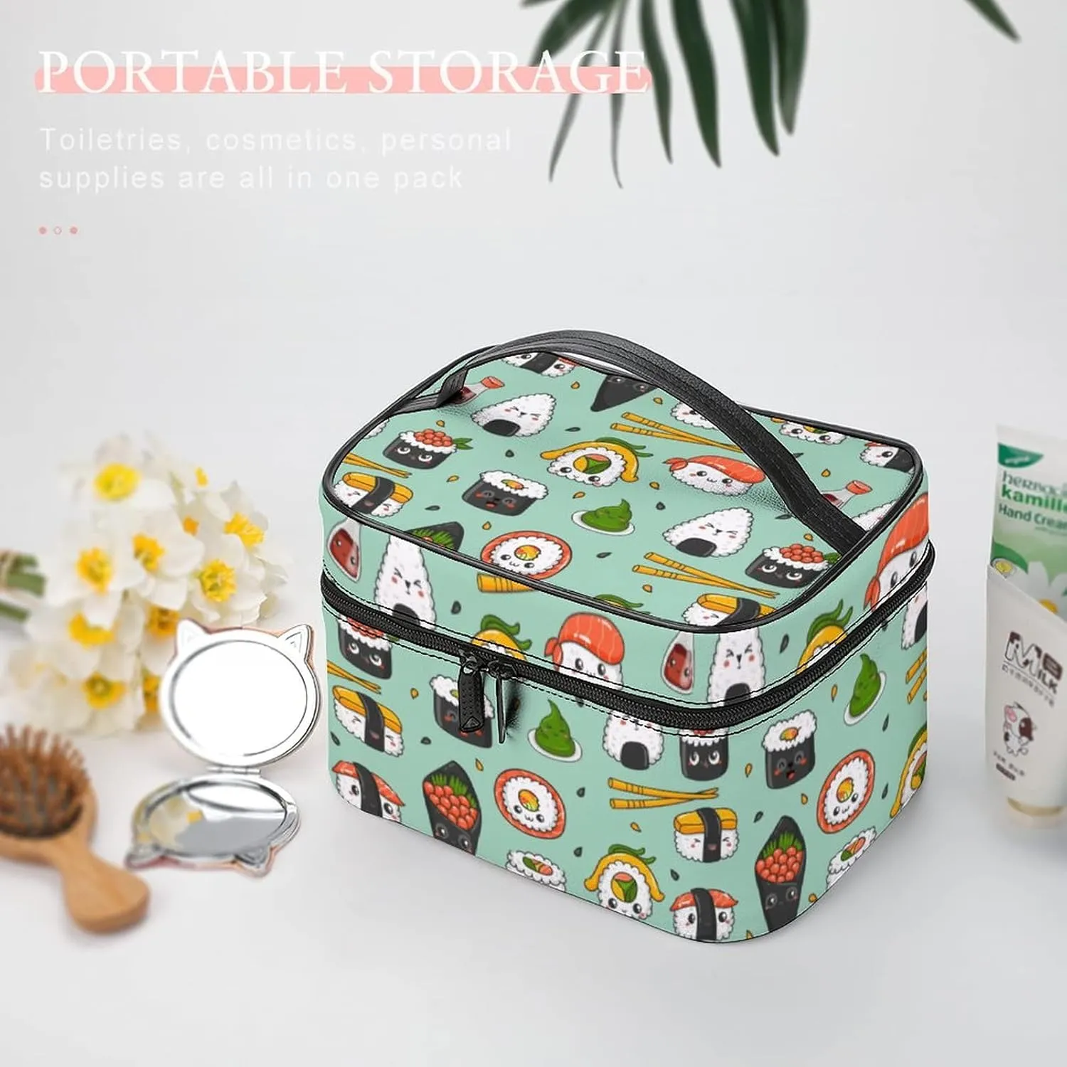Makeup Bag Cosmetic Case Organizer, Kawaii Sushi Cartoon Green Makeup Bag Portable Synthetic Leather Makeup Travel Case Pouch Toiletry Bag with Handle for Women Girls