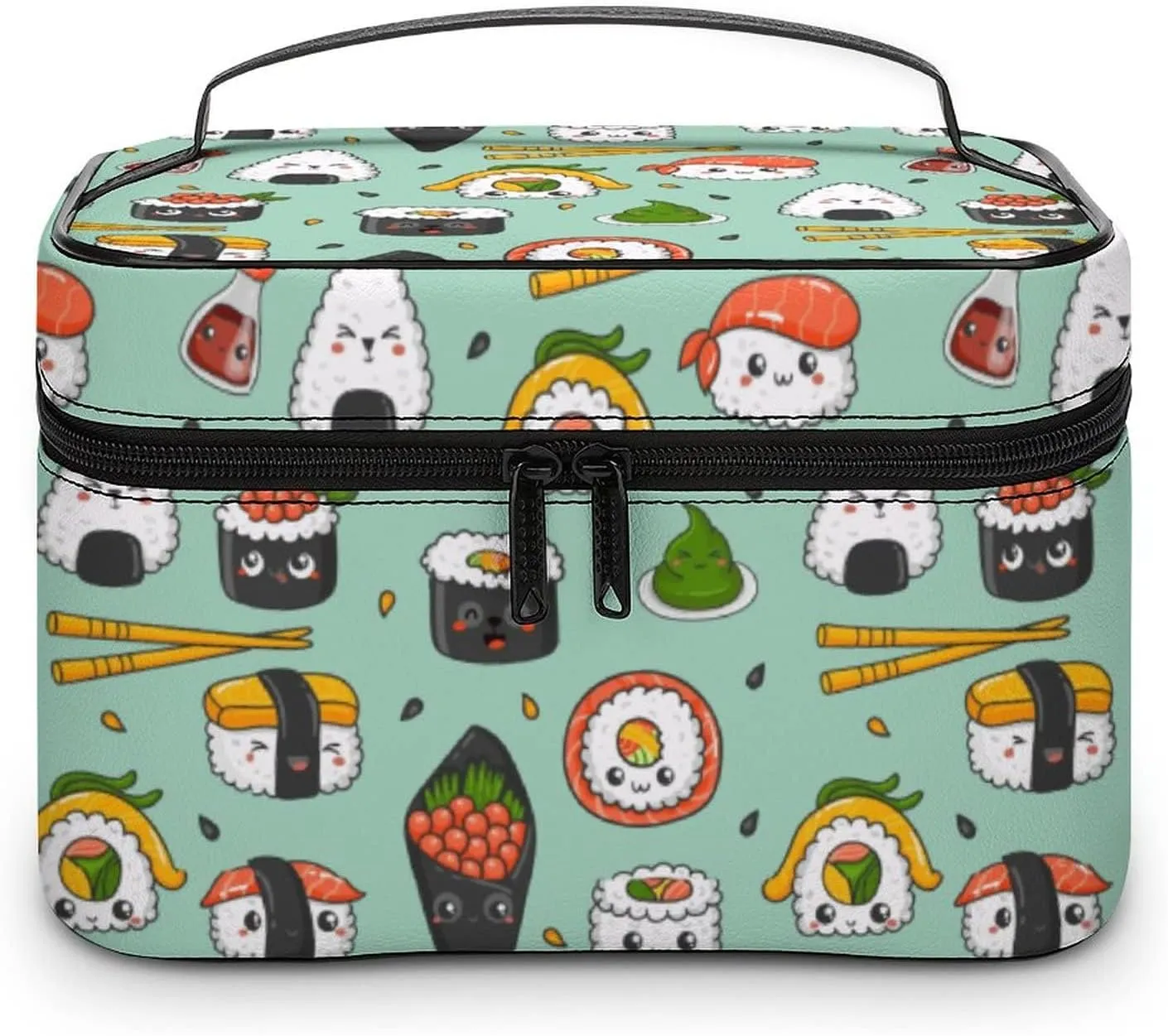 Makeup Bag Cosmetic Case Organizer, Kawaii Sushi Cartoon Green Makeup Bag Portable Synthetic Leather Makeup Travel Case Pouch Toiletry Bag with Handle for Women Girls