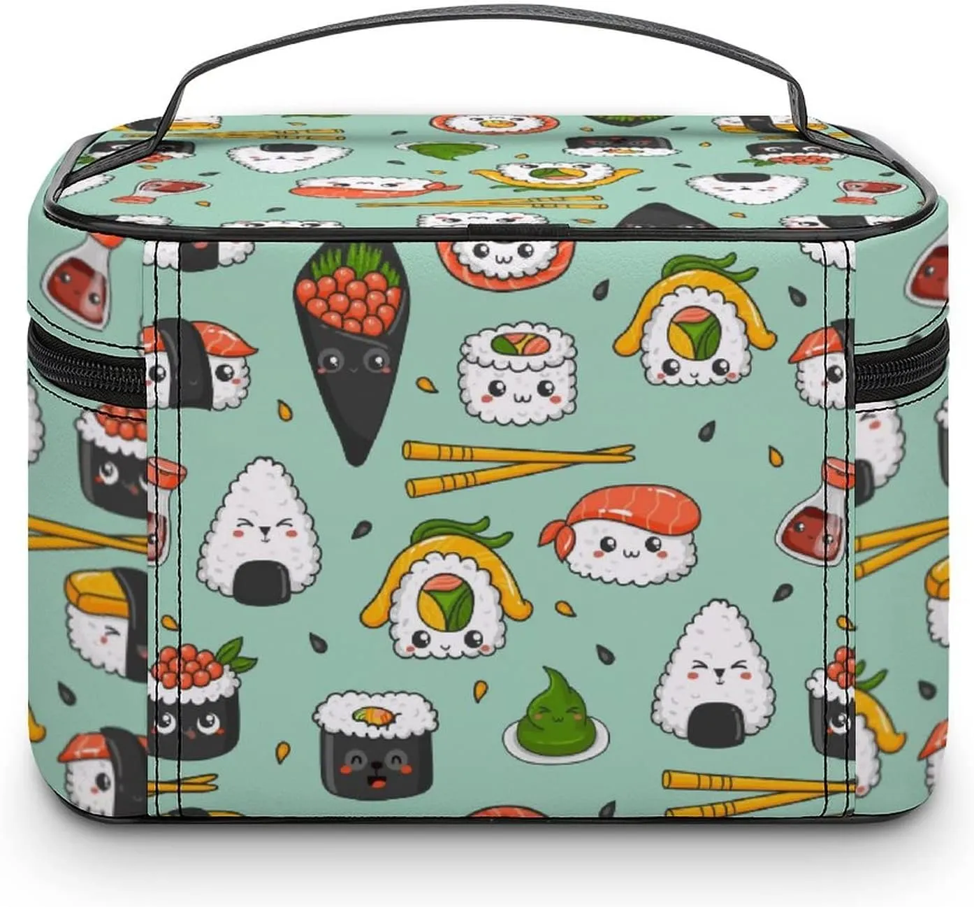 Makeup Bag Cosmetic Case Organizer, Kawaii Sushi Cartoon Green Makeup Bag Portable Synthetic Leather Makeup Travel Case Pouch Toiletry Bag with Handle for Women Girls