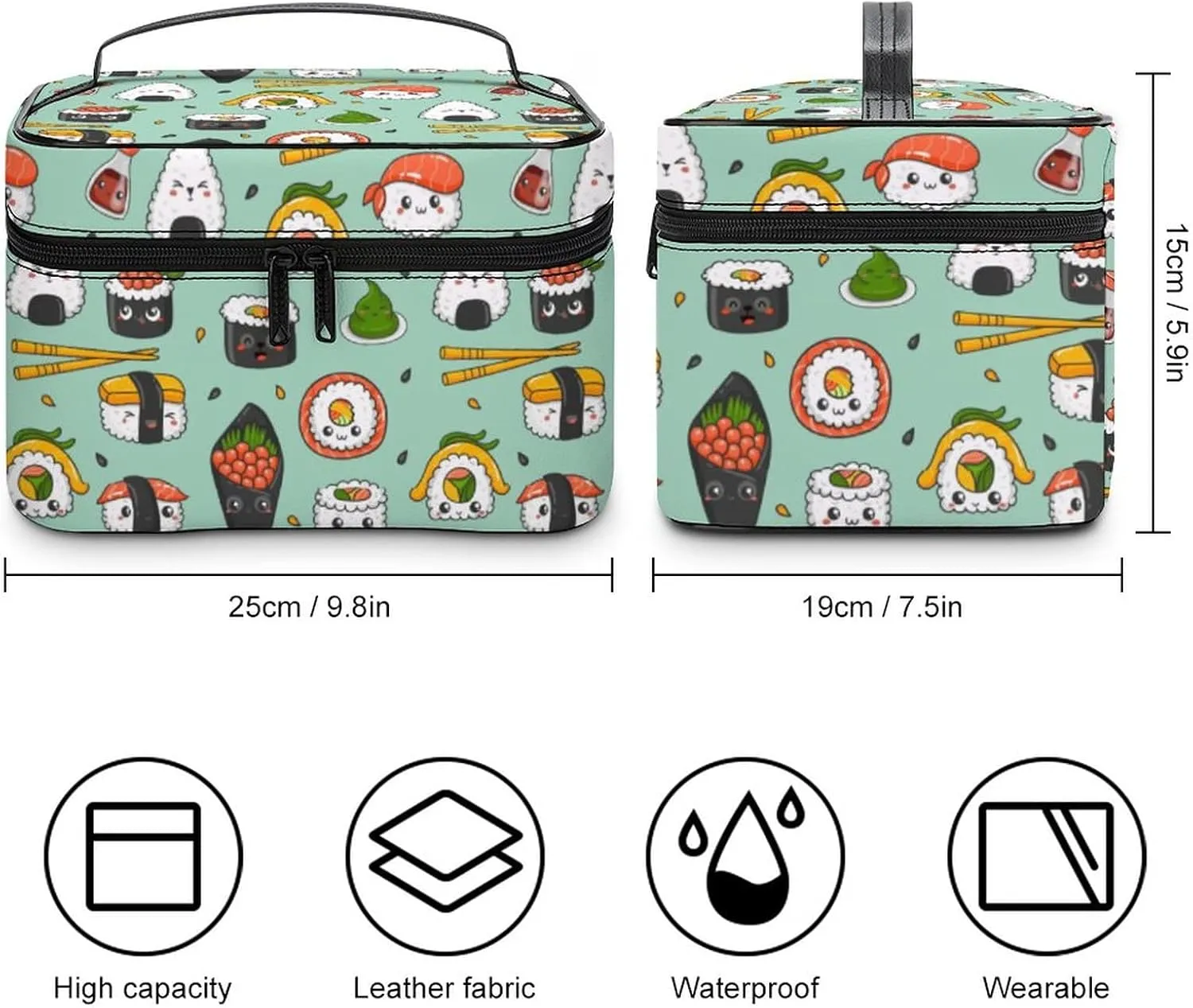 Makeup Bag Cosmetic Case Organizer, Kawaii Sushi Cartoon Green Makeup Bag Portable Synthetic Leather Makeup Travel Case Pouch Toiletry Bag with Handle for Women Girls