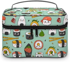 Makeup Bag Cosmetic Case Organizer, Kawaii Sushi Cartoon Green Makeup Bag Portable Synthetic Leather Makeup Travel Case Pouch Toiletry Bag with Handle for Women Girls