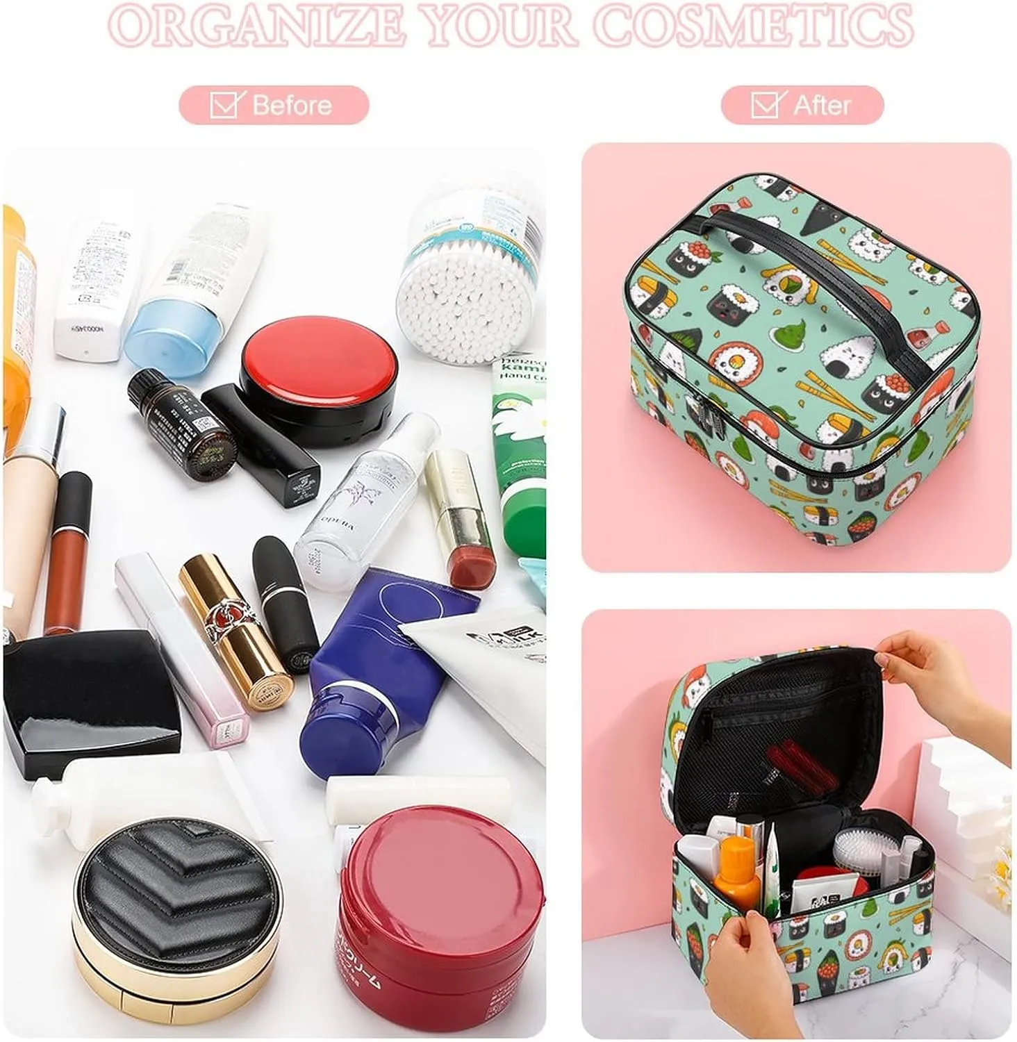 Makeup Bag Cosmetic Case Organizer, Kawaii Sushi Cartoon Green Makeup Bag Portable Synthetic Leather Makeup Travel Case Pouch Toiletry Bag with Handle for Women Girls