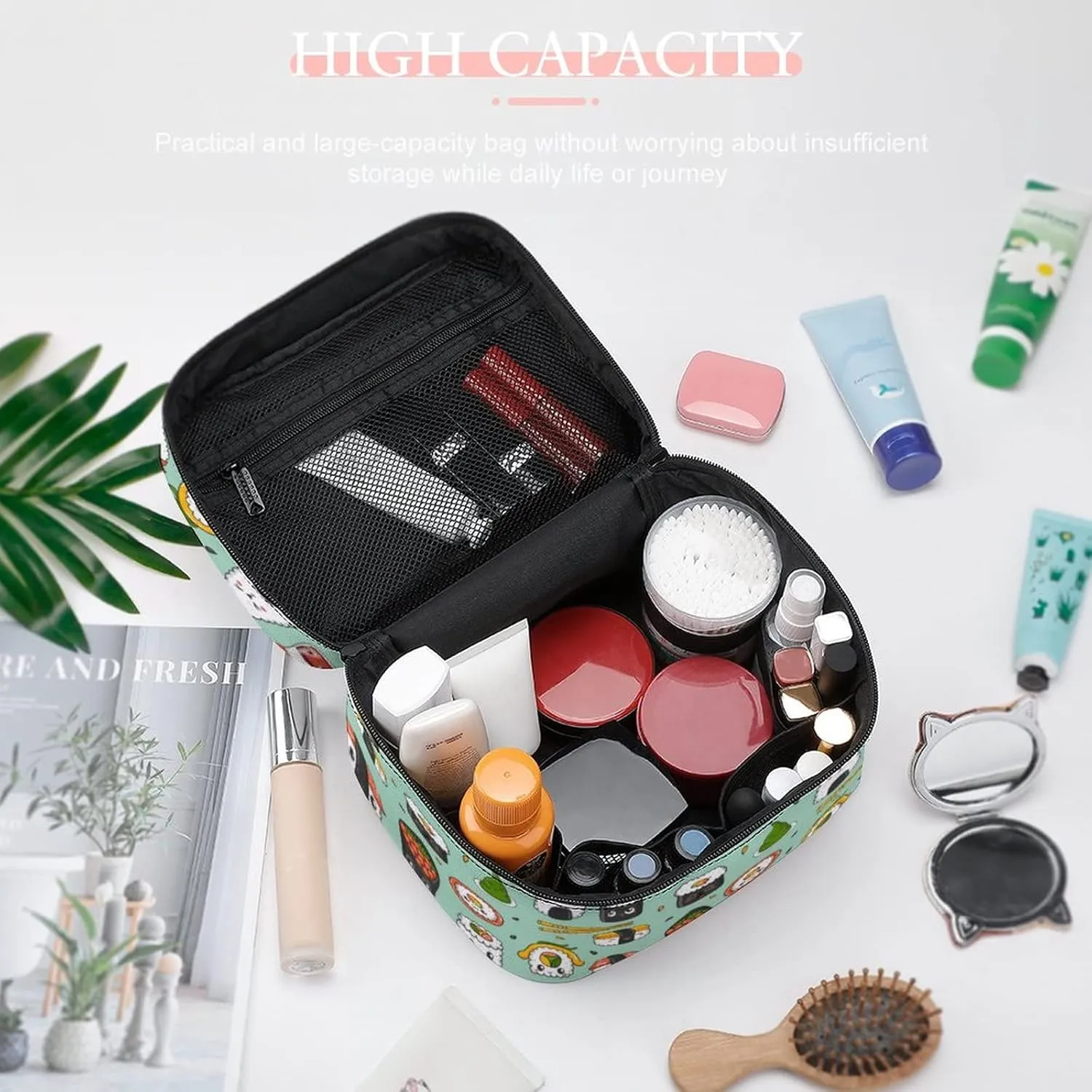Makeup Bag Cosmetic Case Organizer, Kawaii Sushi Cartoon Green Makeup Bag Portable Synthetic Leather Makeup Travel Case Pouch Toiletry Bag with Handle for Women Girls