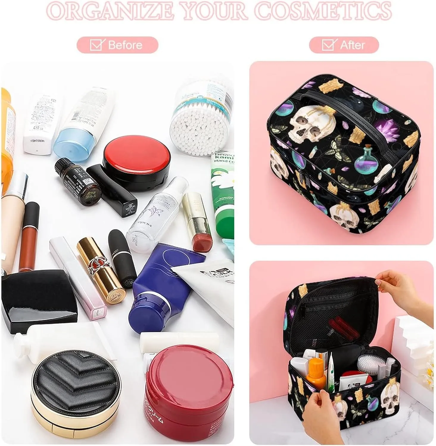 Makeup Bag Cosmetic Case Organizer, Raven And Human Skull Magical Makeup Bag Portable PU Leather Makeup Travel Case Pouch Toiletry Bag with Handle for Girls Women Friends Gifts
