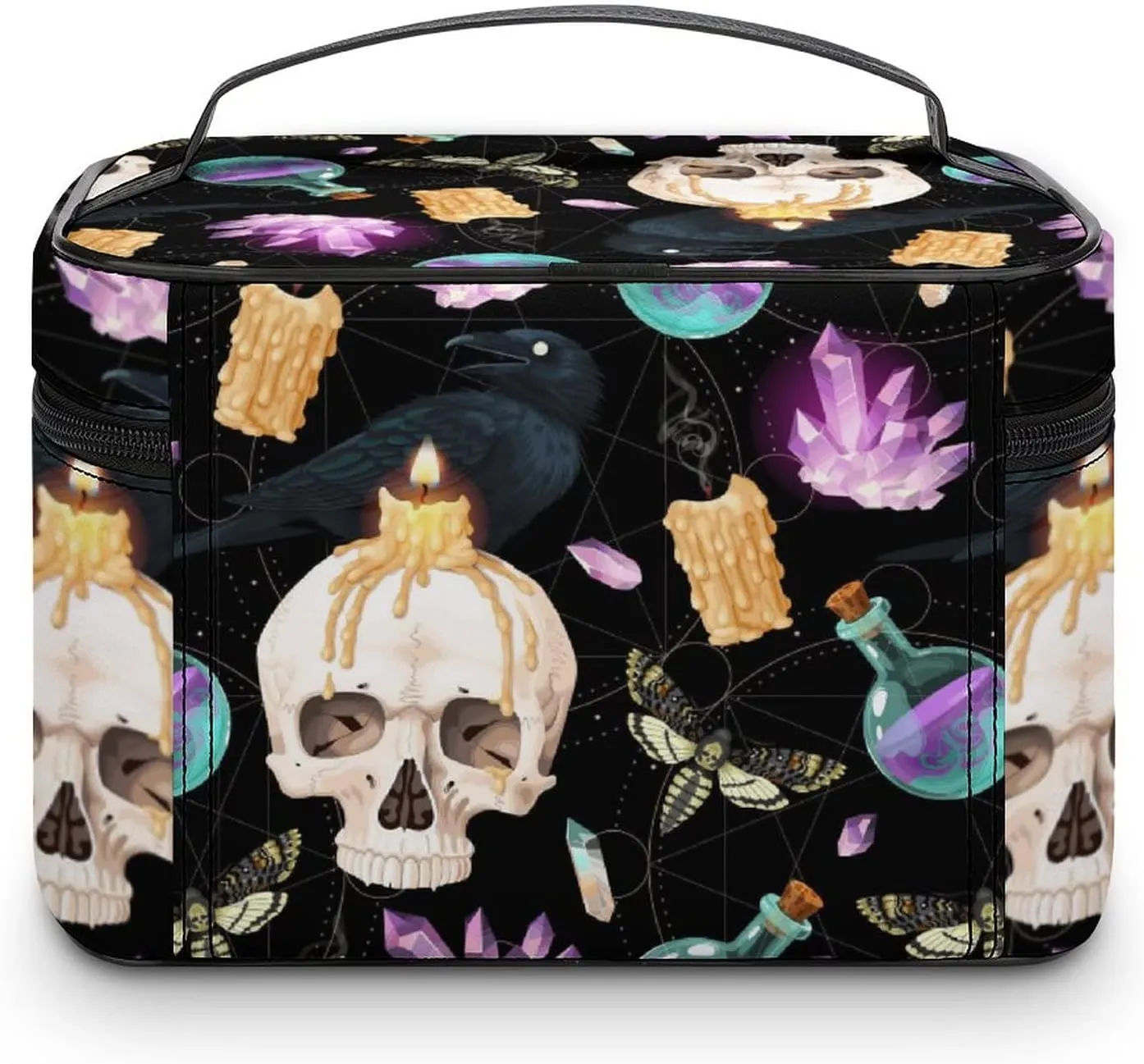 Makeup Bag Cosmetic Case Organizer, Raven And Human Skull Magical Makeup Bag Portable PU Leather Makeup Travel Case Pouch Toiletry Bag with Handle for Girls Women Friends Gifts