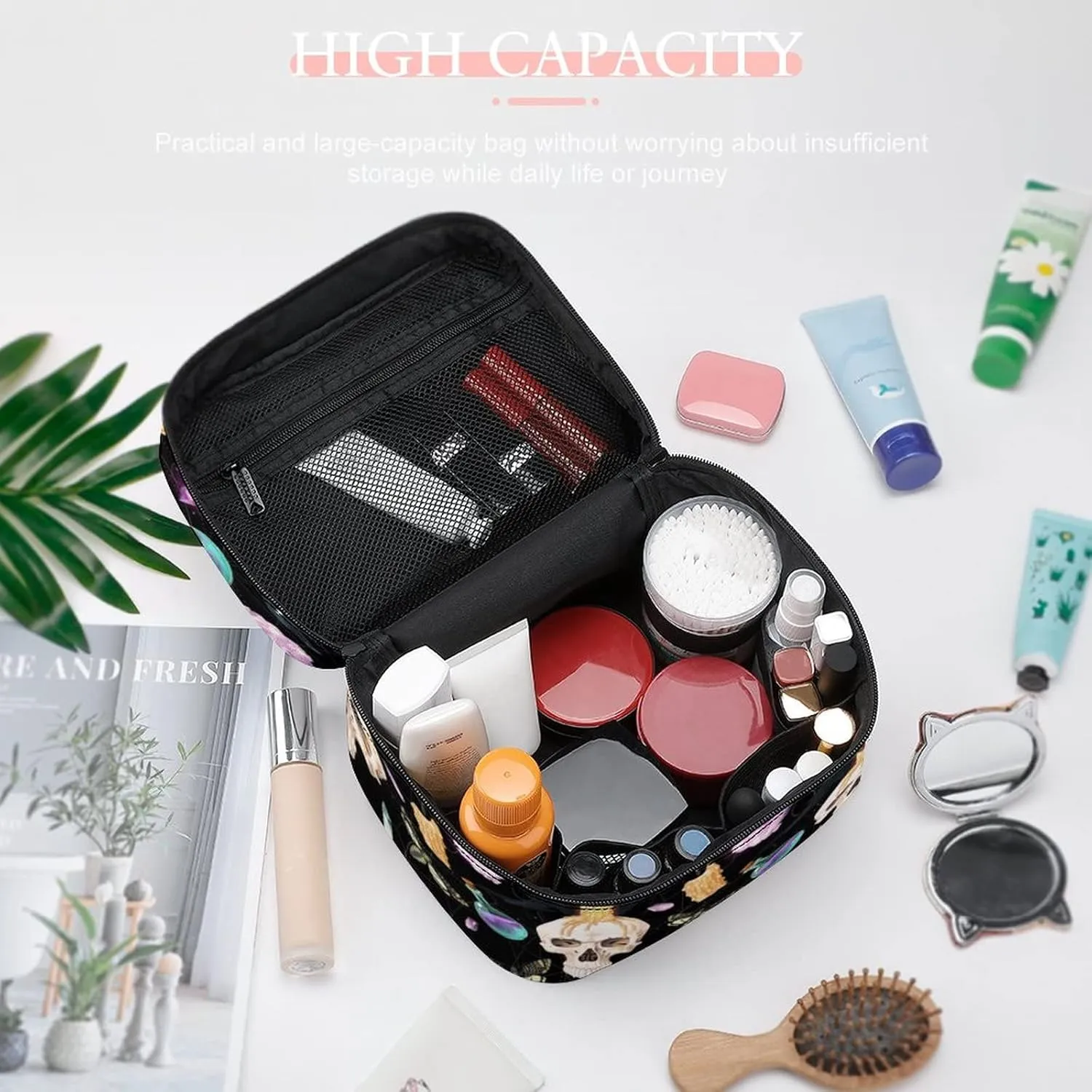 Makeup Bag Cosmetic Case Organizer, Raven And Human Skull Magical Makeup Bag Portable PU Leather Makeup Travel Case Pouch Toiletry Bag with Handle for Girls Women Friends Gifts