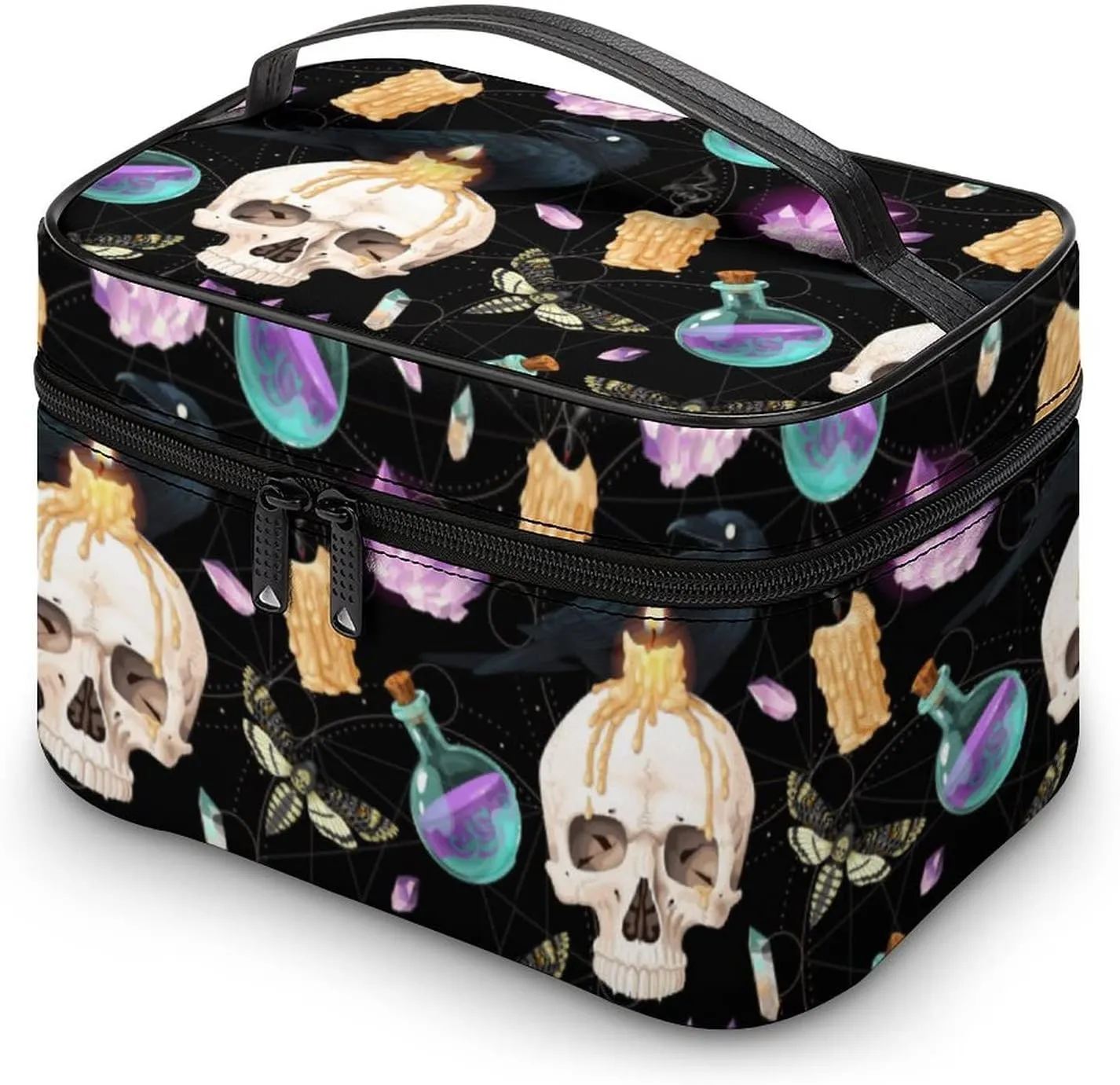 Makeup Bag Cosmetic Case Organizer, Raven And Human Skull Magical Makeup Bag Portable PU Leather Makeup Travel Case Pouch Toiletry Bag with Handle for Girls Women Friends Gifts
