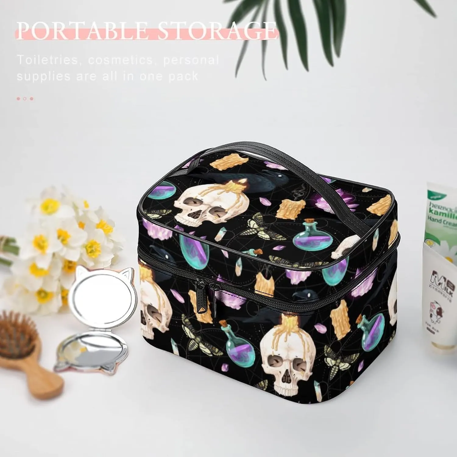 Makeup Bag Cosmetic Case Organizer, Raven And Human Skull Magical Makeup Bag Portable PU Leather Makeup Travel Case Pouch Toiletry Bag with Handle for Girls Women Friends Gifts