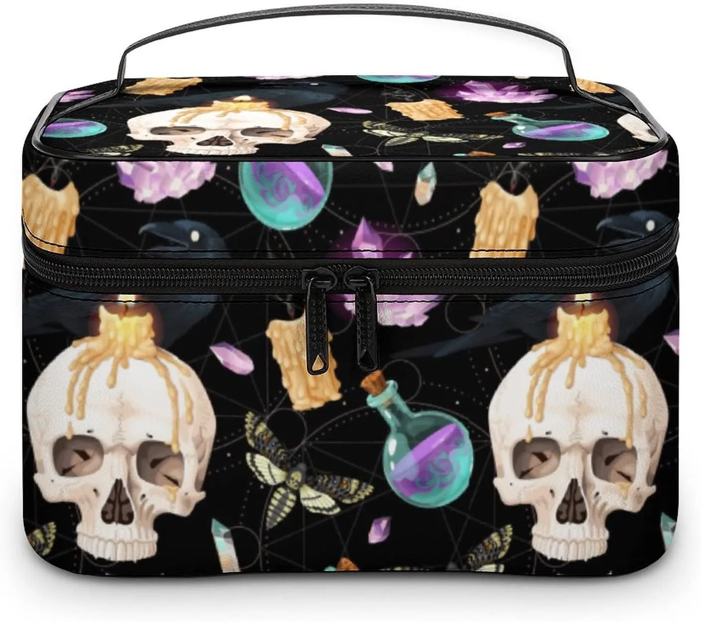 Makeup Bag Cosmetic Case Organizer, Raven And Human Skull Magical Makeup Bag Portable PU Leather Makeup Travel Case Pouch Toiletry Bag with Handle for Girls Women Friends Gifts
