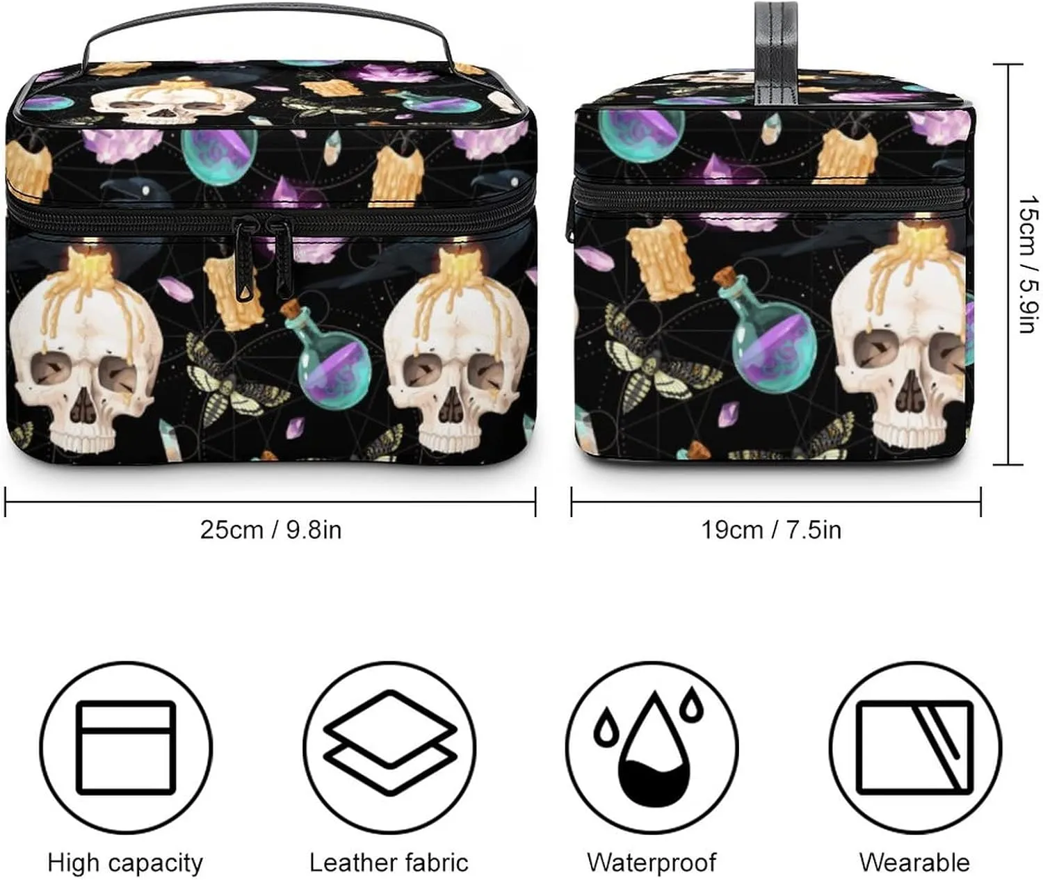 Makeup Bag Cosmetic Case Organizer, Raven And Human Skull Magical Makeup Bag Portable PU Leather Makeup Travel Case Pouch Toiletry Bag with Handle for Girls Women Friends Gifts