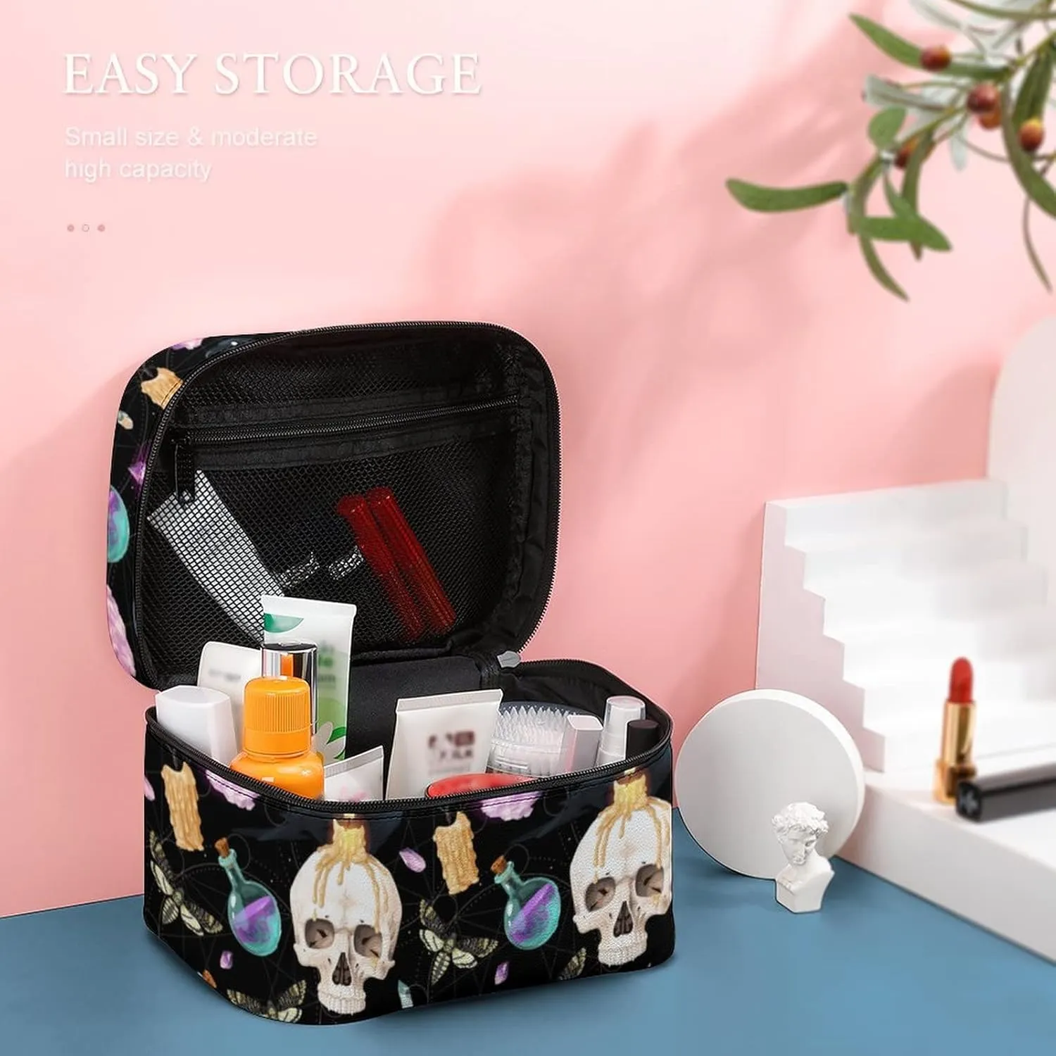 Makeup Bag Cosmetic Case Organizer, Raven And Human Skull Magical Makeup Bag Portable PU Leather Makeup Travel Case Pouch Toiletry Bag with Handle for Girls Women Friends Gifts