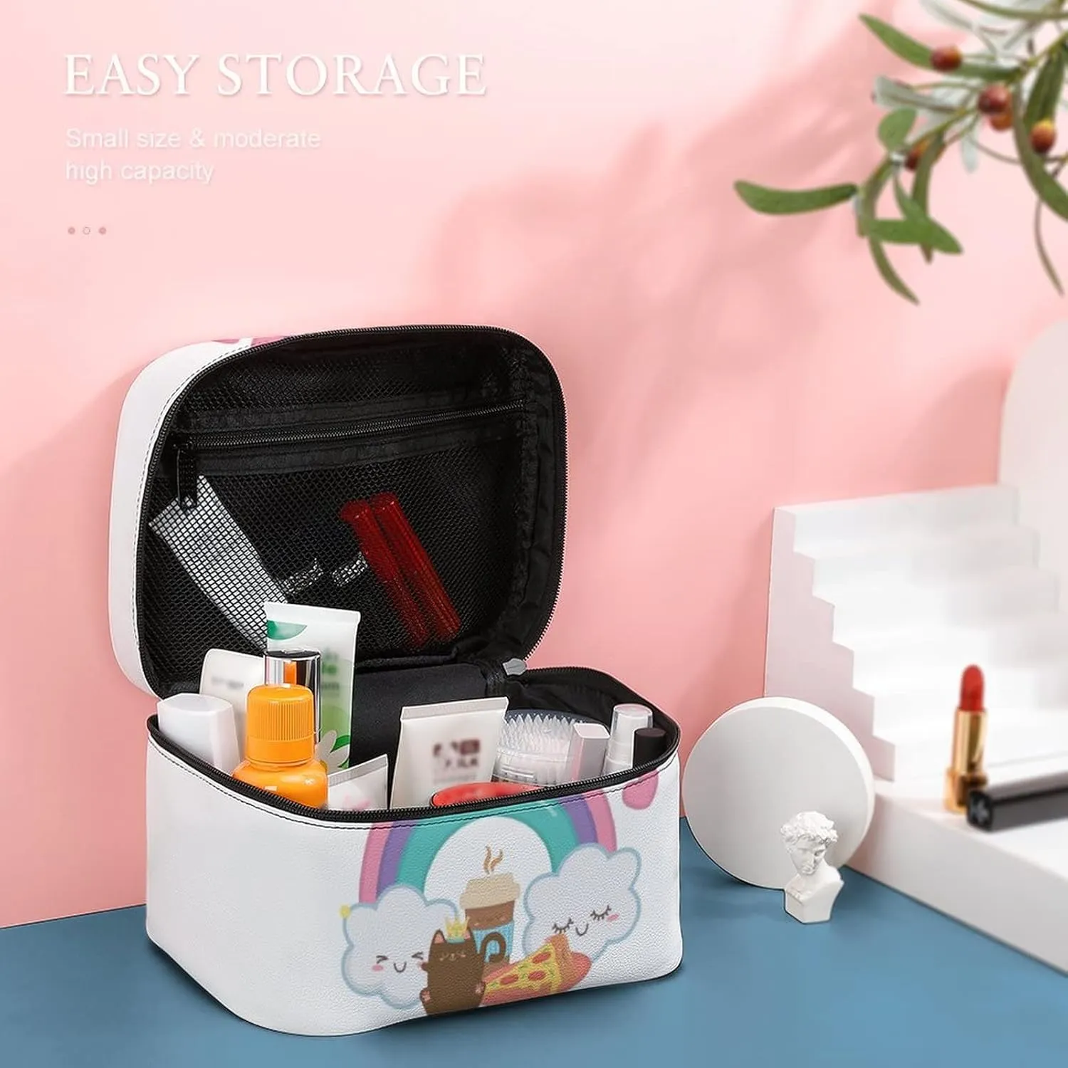 Makeup Bag Organizer Cosmetic Bag, Kawaii Rainbow Clouds Cat Pizza Makeup Bag Portable Synthetic Leather Makeup Organizer Bag Toiletry Bag with Handle for Women