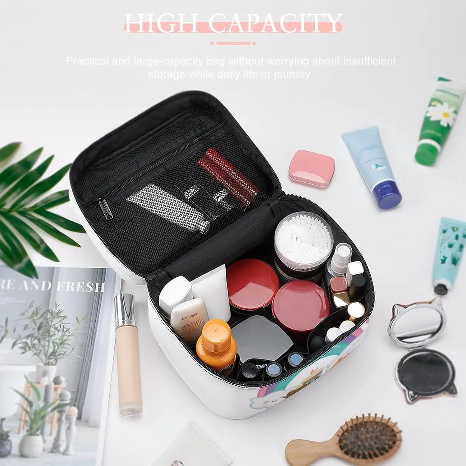 Makeup Bag Organizer Cosmetic Bag, Kawaii Rainbow Clouds Cat Pizza Makeup Bag Portable Synthetic Leather Makeup Organizer Bag Toiletry Bag with Handle for Women