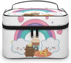 Makeup Bag Organizer Cosmetic Bag, Kawaii Rainbow Clouds Cat Pizza Makeup Bag Portable Synthetic Leather Makeup Organizer Bag Toiletry Bag with Handle for Women