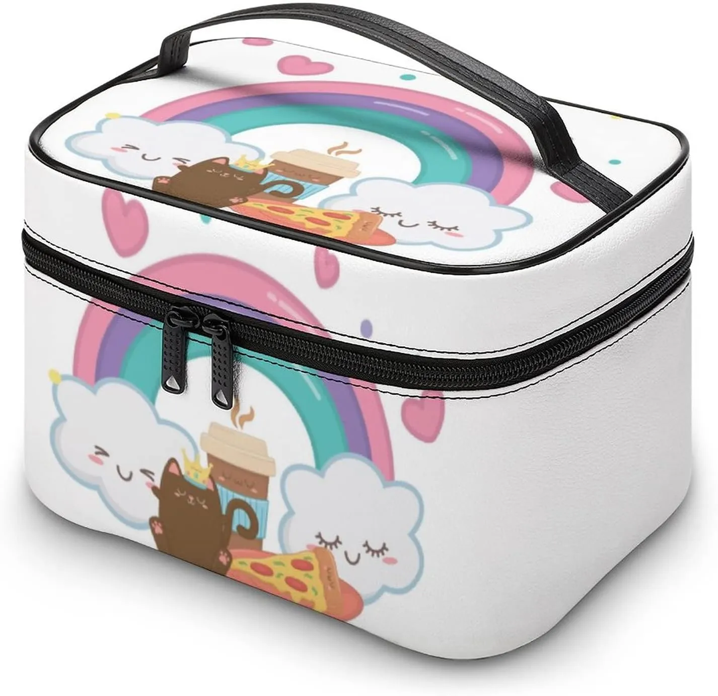 Makeup Bag Organizer Cosmetic Bag, Kawaii Rainbow Clouds Cat Pizza Makeup Bag Portable Synthetic Leather Makeup Organizer Bag Toiletry Bag with Handle for Women