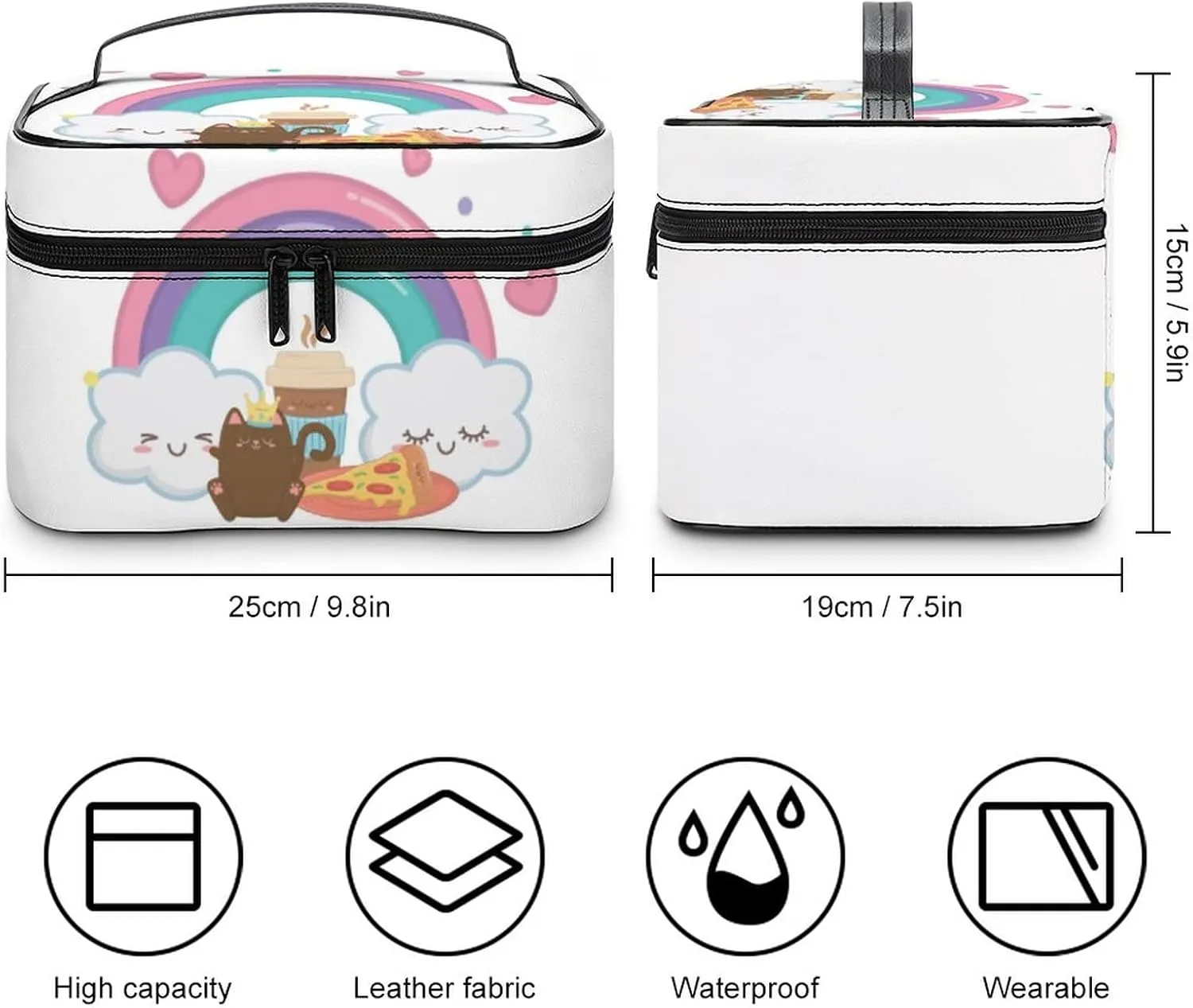 Makeup Bag Organizer Cosmetic Bag, Kawaii Rainbow Clouds Cat Pizza Makeup Bag Portable Synthetic Leather Makeup Organizer Bag Toiletry Bag with Handle for Women
