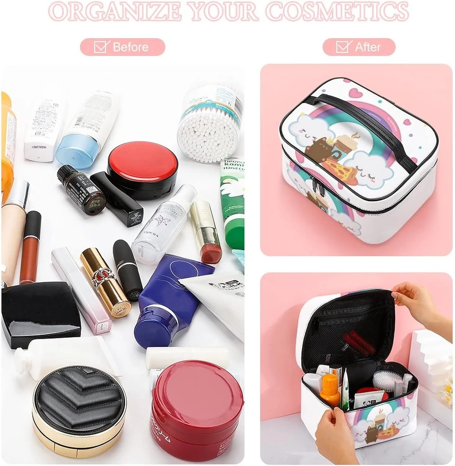 Makeup Bag Organizer Cosmetic Bag, Kawaii Rainbow Clouds Cat Pizza Makeup Bag Portable Synthetic Leather Makeup Organizer Bag Toiletry Bag with Handle for Women