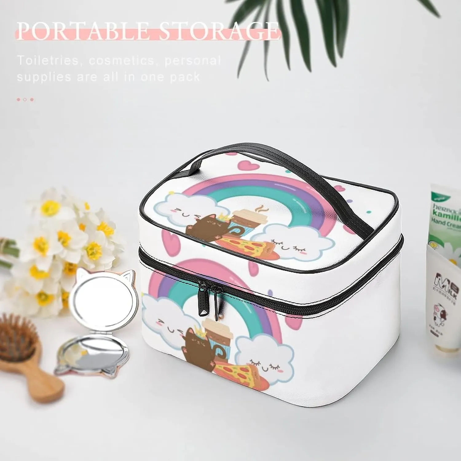 Makeup Bag Organizer Cosmetic Bag, Kawaii Rainbow Clouds Cat Pizza Makeup Bag Portable Synthetic Leather Makeup Organizer Bag Toiletry Bag with Handle for Women