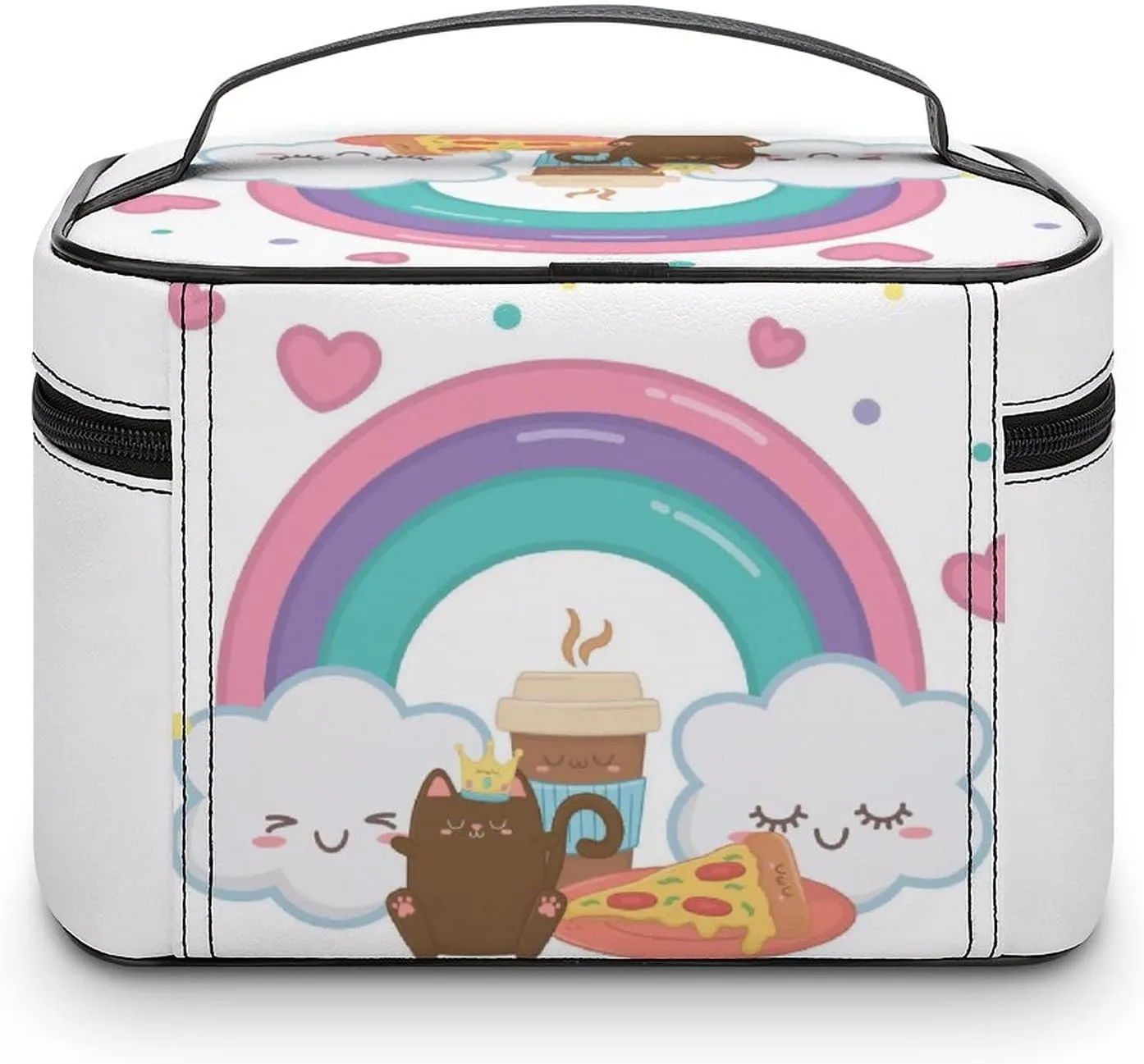 Makeup Bag Organizer Cosmetic Bag, Kawaii Rainbow Clouds Cat Pizza Makeup Bag Portable Synthetic Leather Makeup Organizer Bag Toiletry Bag with Handle for Women