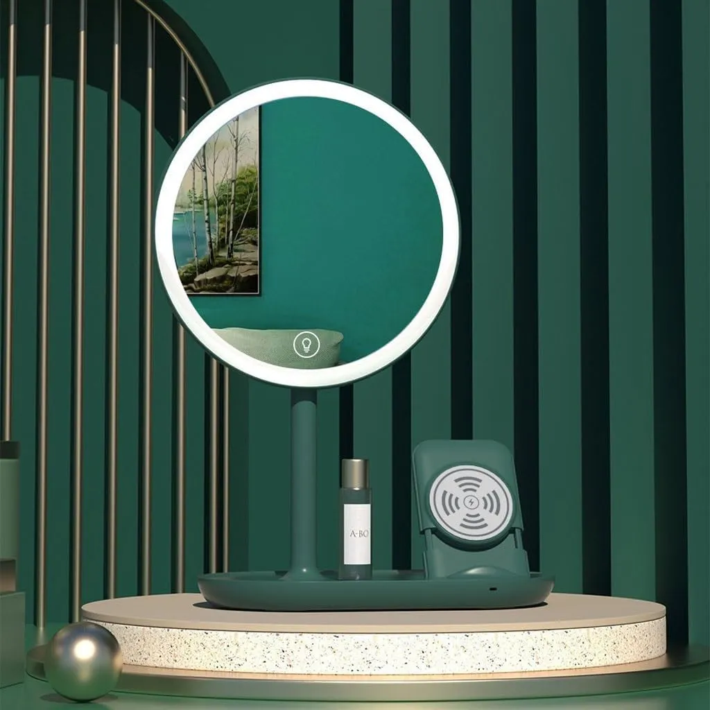 Makeup Mirror Desktop Led Makeup Mirror with Light, Smart Dimming, Make-up Beauty Mirror, Wireless Charging Desktop Vanity Mirror Lighted Makeup Mirror(A)