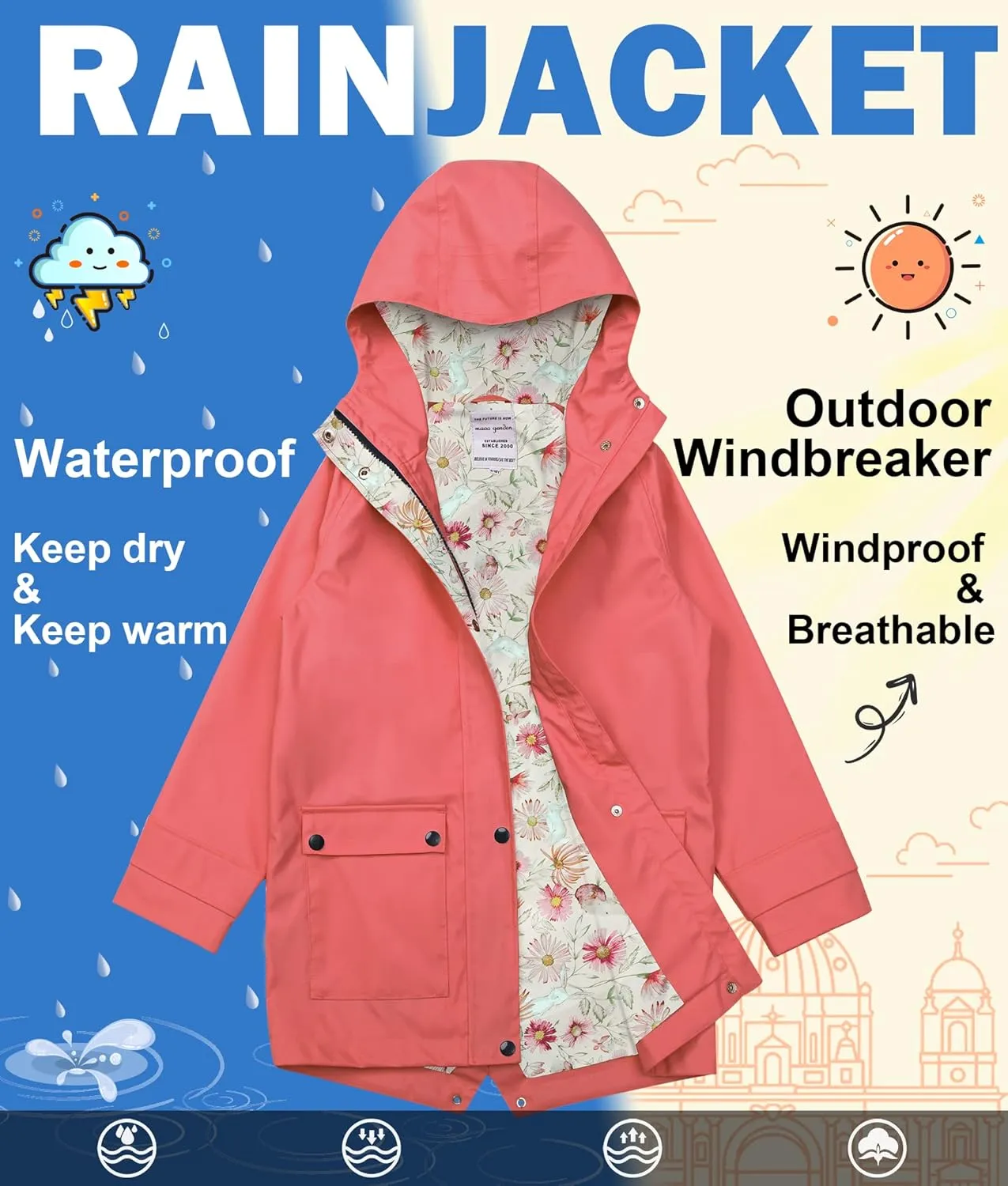 maoo garden Girls Boys Rain Jacket Lightweight Waterproof Raincoat Hooded Lined Long Windbreaker
