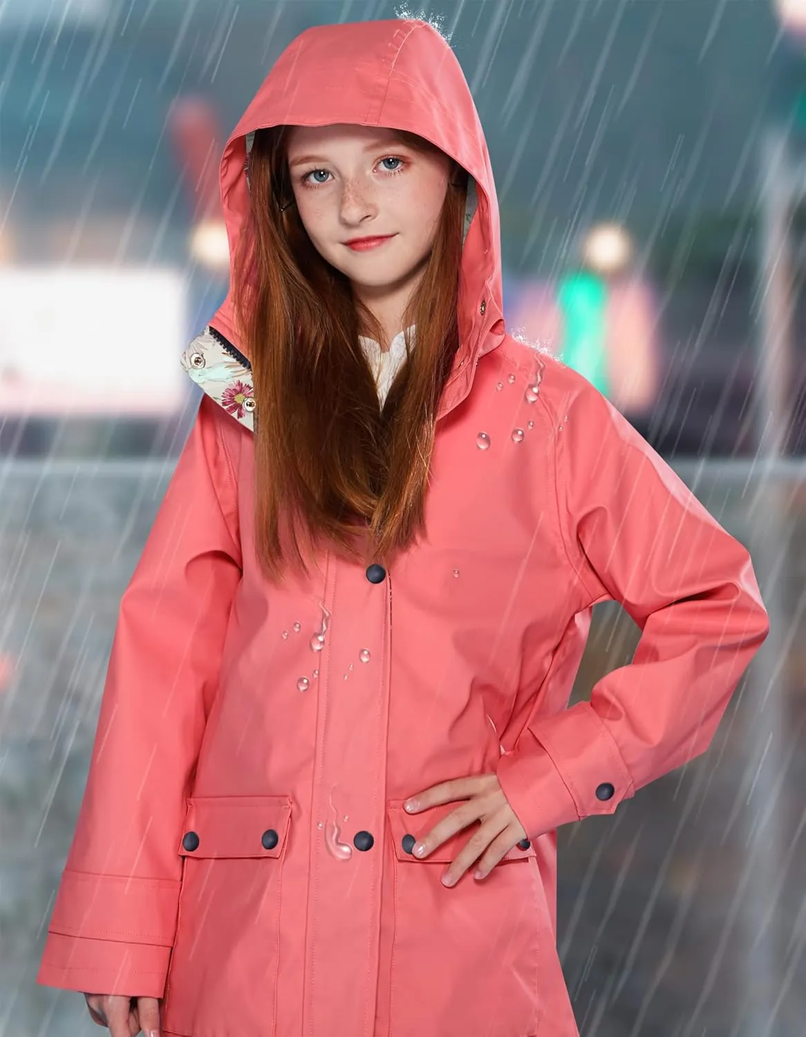 maoo garden Girls Boys Rain Jacket Lightweight Waterproof Raincoat Hooded Lined Long Windbreaker