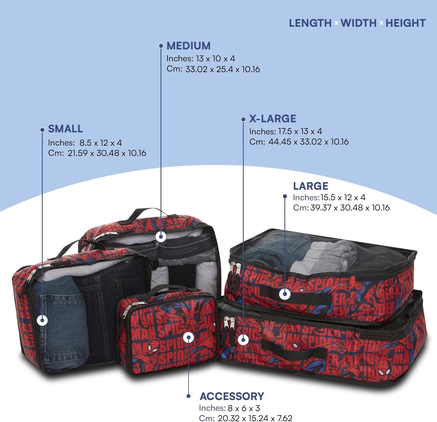 Marvel Spiderman 5-Piece Packing Cube Set - Spiderman, Ironman, Captain America - 5 Piece Packing Cubes Compression Travel Essential Accessories - Luggage Suitcase Organizer Set - For Kids, Adults