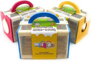 Matty's Toy Stop Wooden Bug House Insect Critter Cages with Handles in Blue, Red & Yellow (3 Pack)