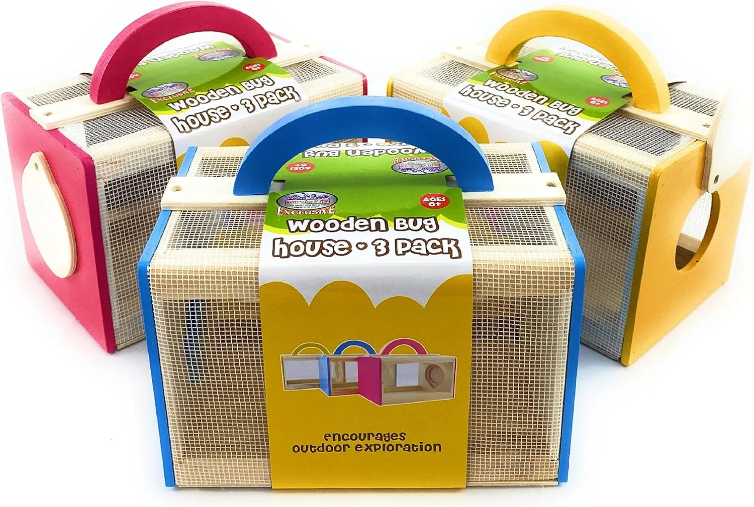 Matty's Toy Stop Wooden Bug House Insect Critter Cages with Handles in Blue, Red & Yellow (3 Pack)