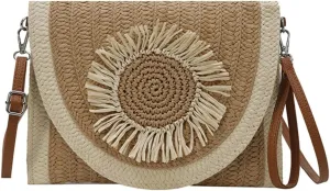 Medium Straw Crossbody Bag Summer Clutch Purses Beach Shoulder Bags Flower Straw Clutch Purse for Summer Vacation