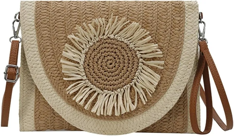 Medium Straw Crossbody Bag Summer Clutch Purses Beach Shoulder Bags Flower Straw Clutch Purse for Summer Vacation