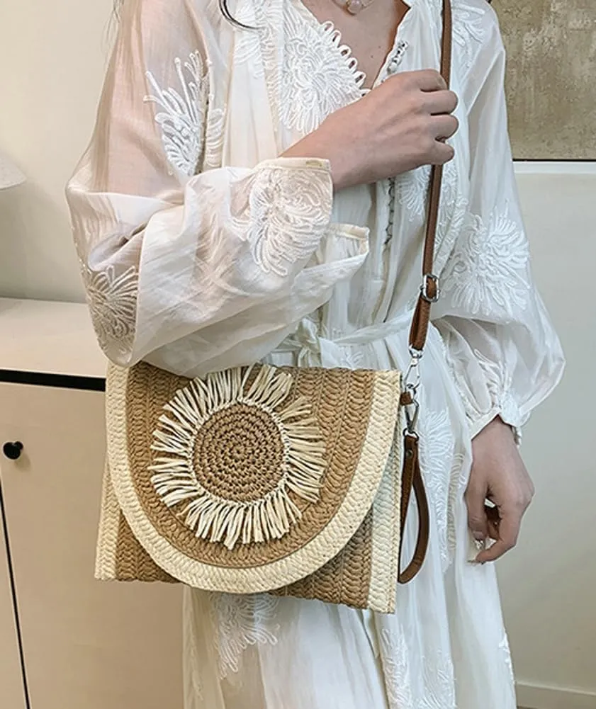 Medium Straw Crossbody Bag Summer Clutch Purses Beach Shoulder Bags Flower Straw Clutch Purse for Summer Vacation