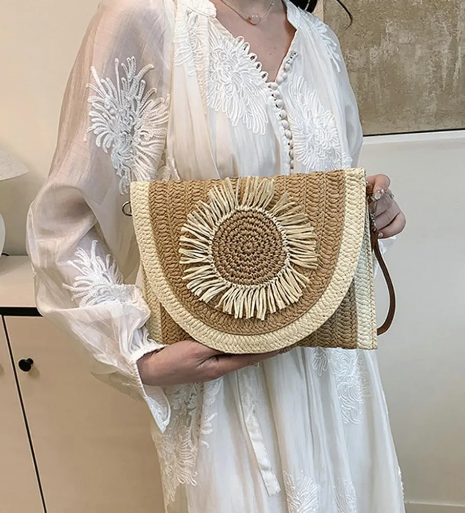 Medium Straw Crossbody Bag Summer Clutch Purses Beach Shoulder Bags Flower Straw Clutch Purse for Summer Vacation